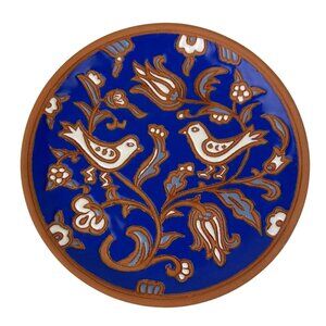 Bonis Pottery Rhodes Greece Terracotta Cobalt Blue Enamel Bird Decorative Plate